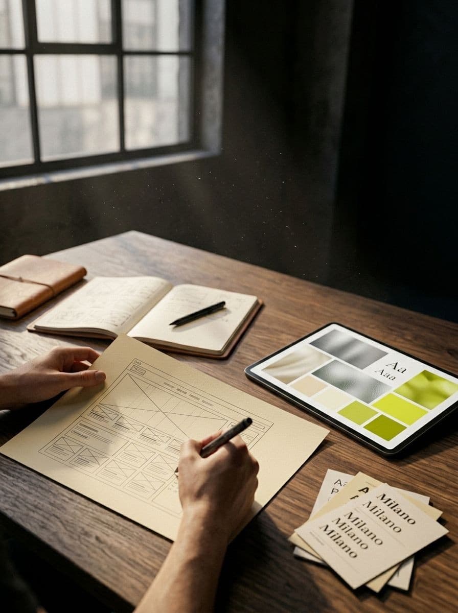 Foto del processo creativo (schermo, schizzi)