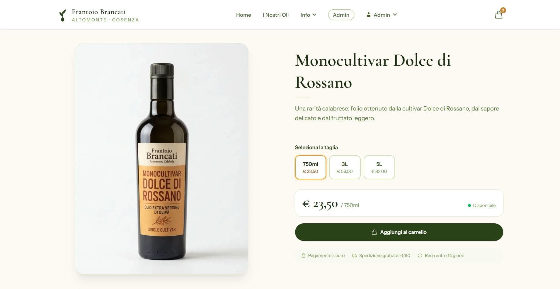 E-commerce Frantoio Brancati — Soluzione desktop