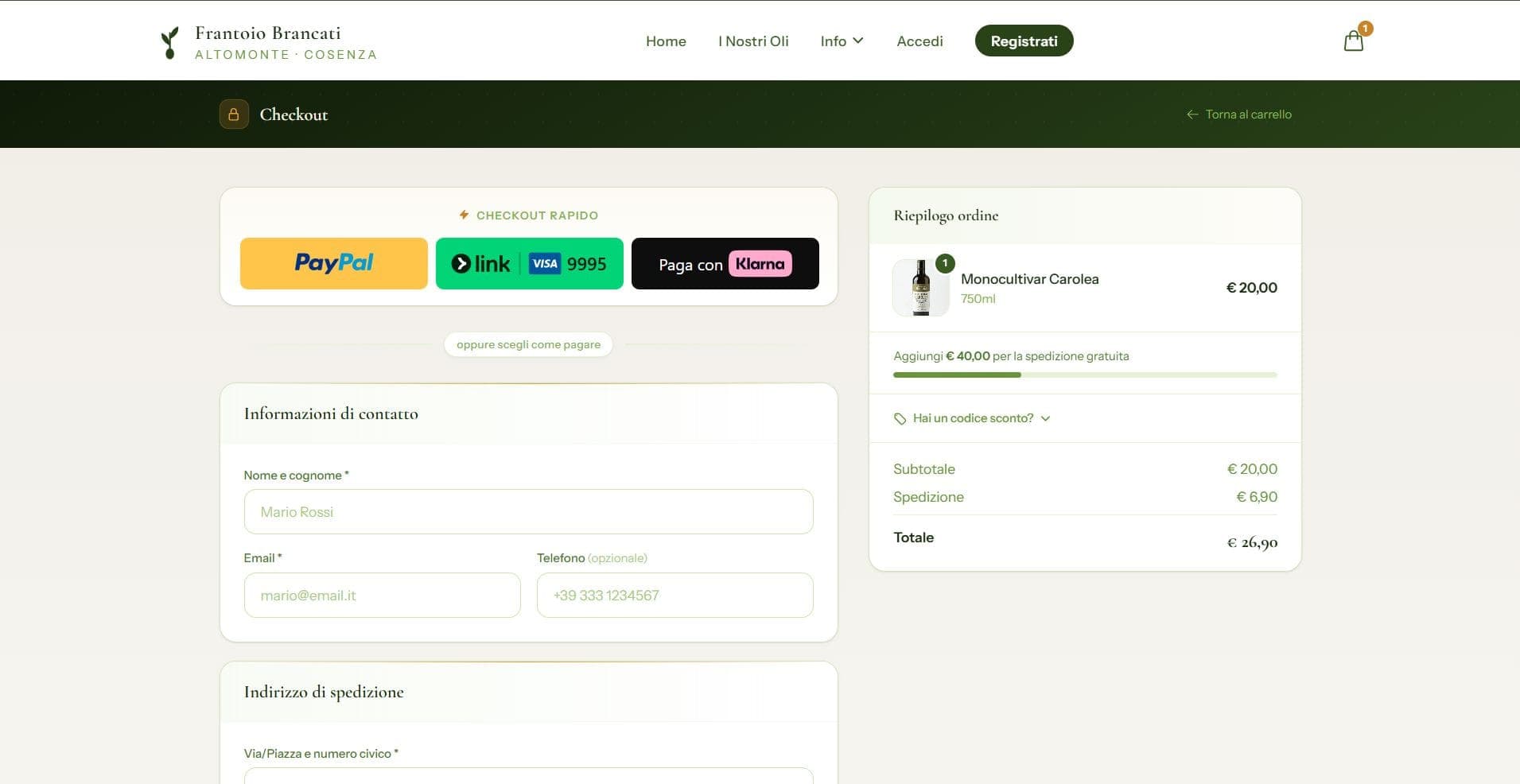 E-commerce Frantoio Brancati — Dettagli desktop
