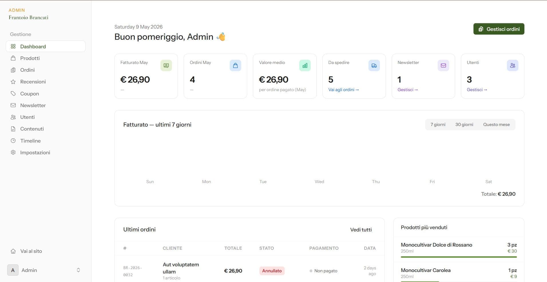 E-commerce Frantoio Brancati — Gestionale desktop