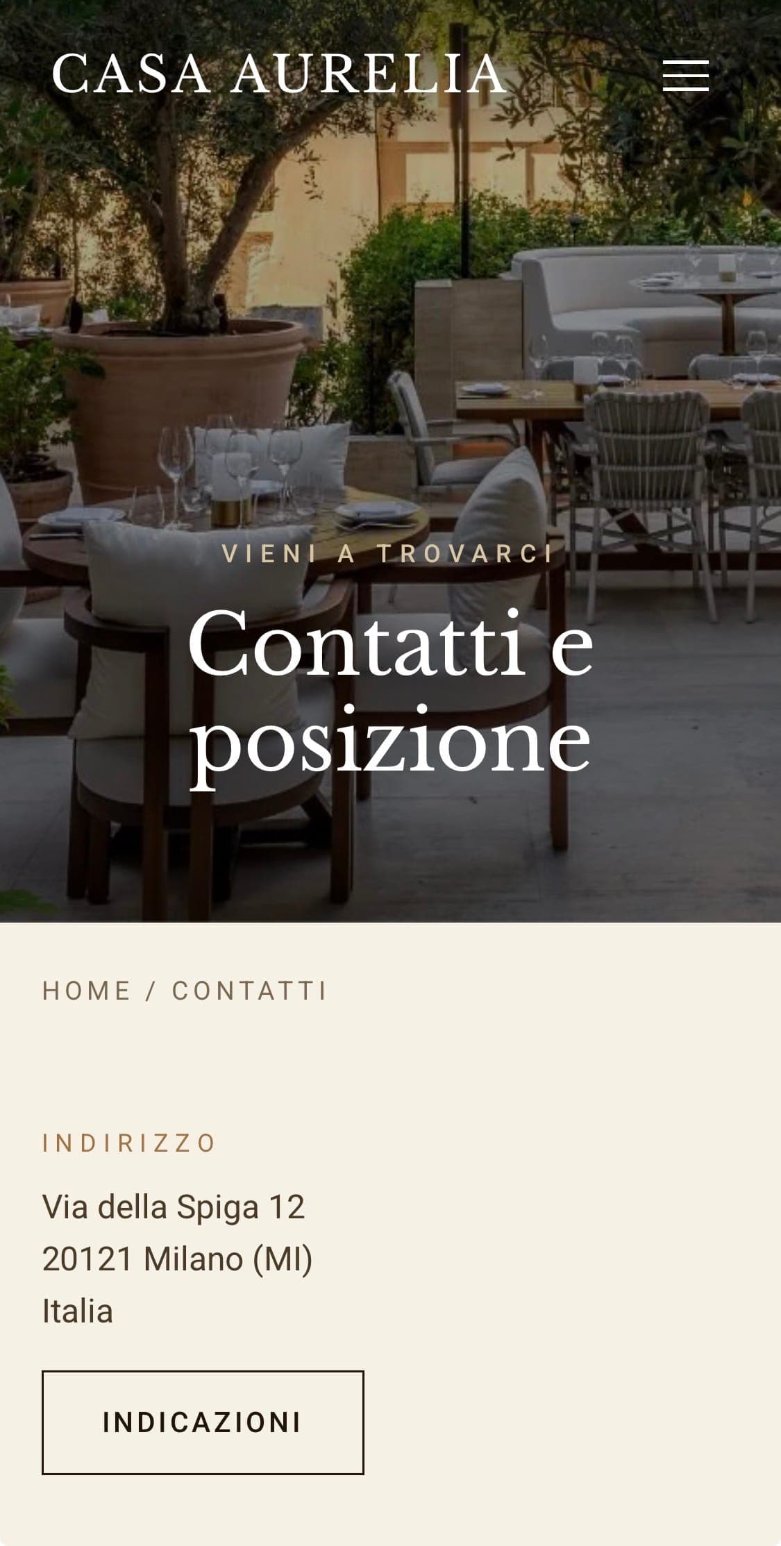 Sito ristorante contemporaneo Casa Aurelia, Brera Milano — Soluzione mobile