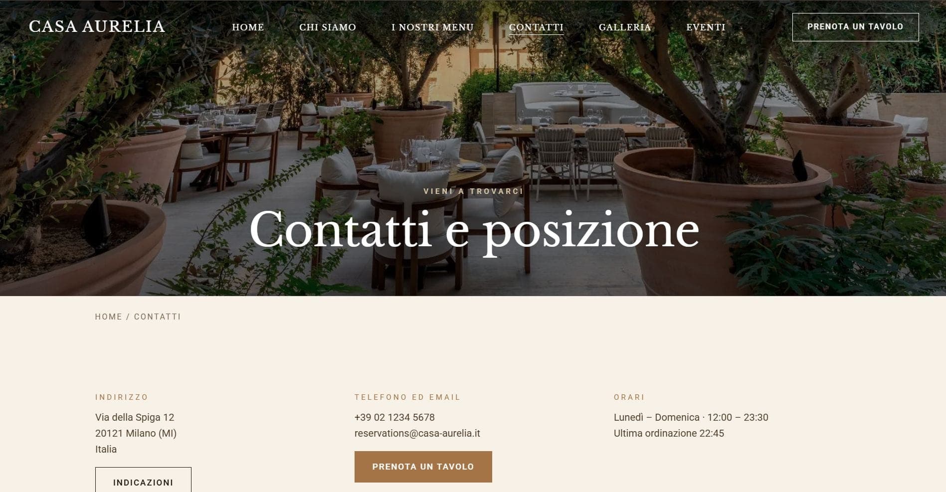 Sito ristorante contemporaneo Casa Aurelia, Brera Milano — Soluzione desktop